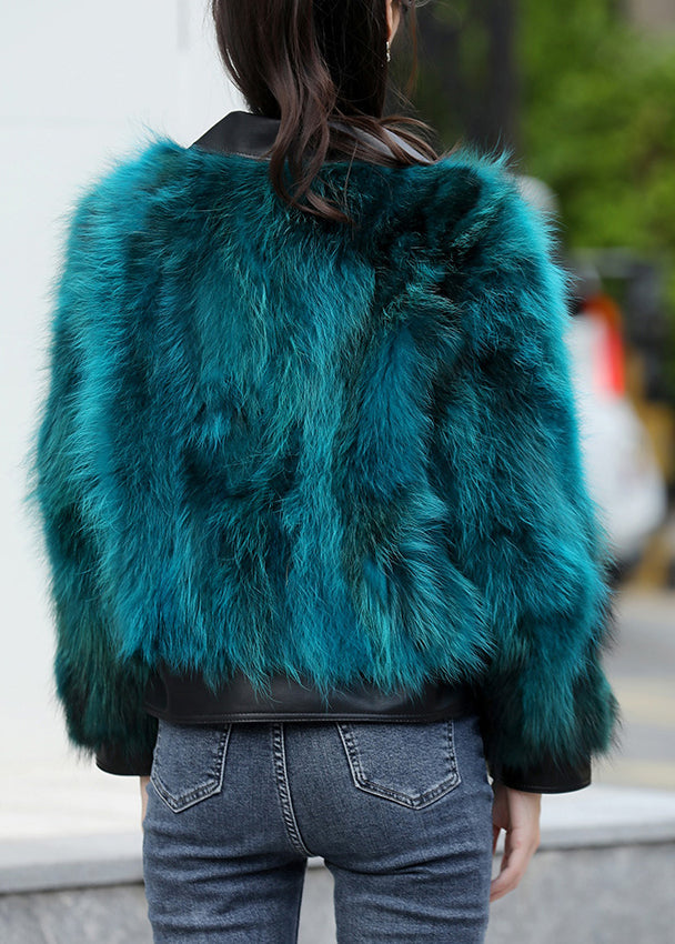 Peacock Blue Pockets Leather and Fur Jacket Long Sleeve