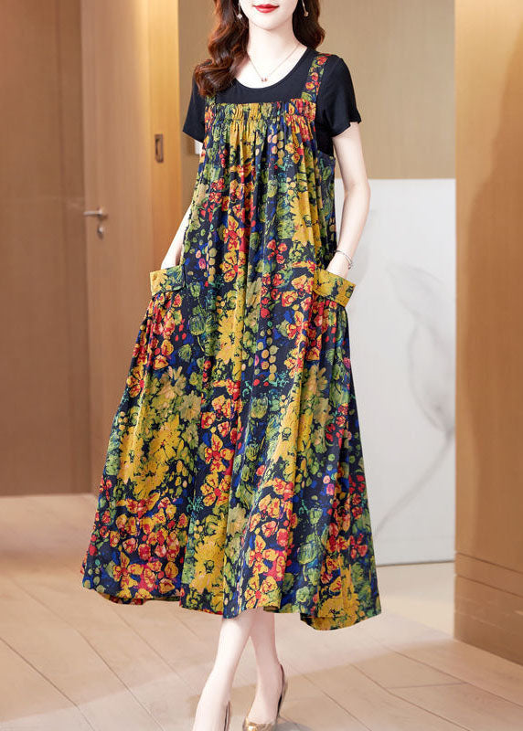 Yellow Print Exra Large Hem Silk Holiday Dresses Summer