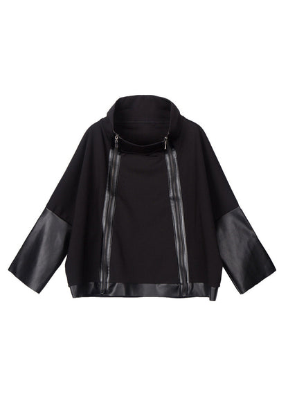 Black Stand Collar Zip Up Faux Leather Patchwork Coat Long Sleeve