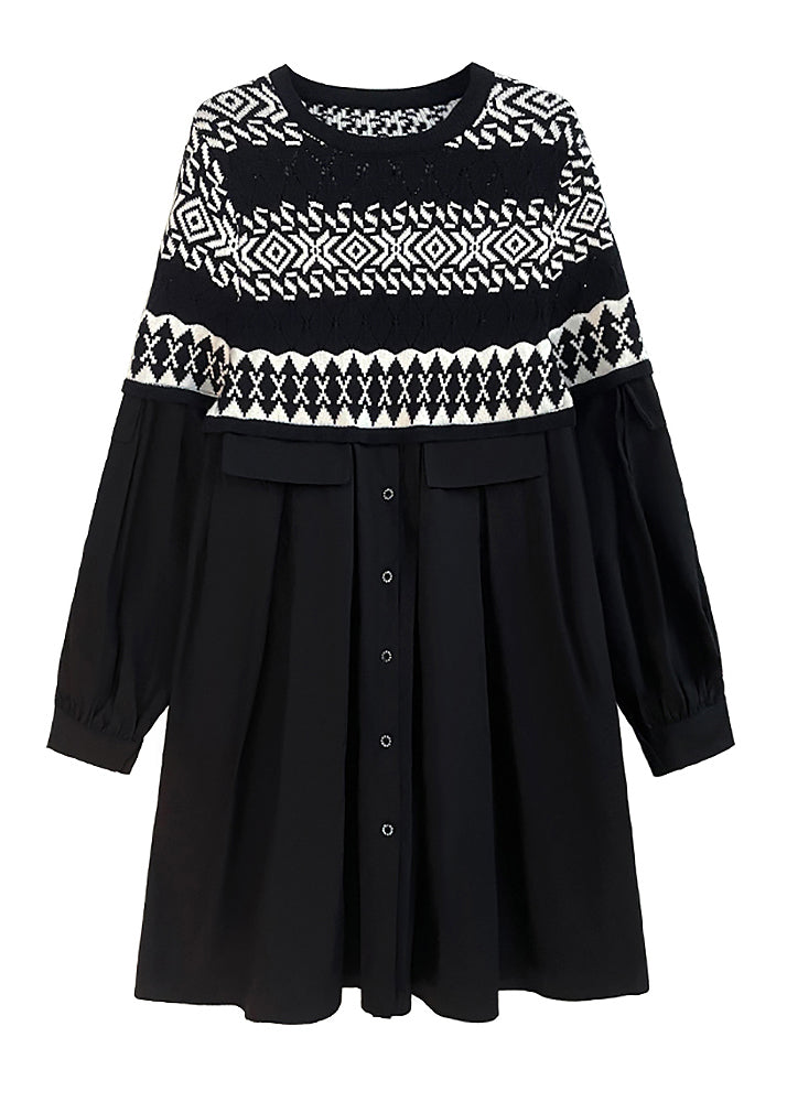 Black O Neck Knit Patchwork Cotton Dresses Fall