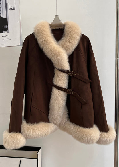 Brown Fox Collar Pockets Patchwork Duck Down Coats Winter