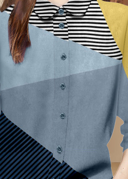 Diy Colorblock Peter Pan Collar Patchwork Striped Cotton Top Spring