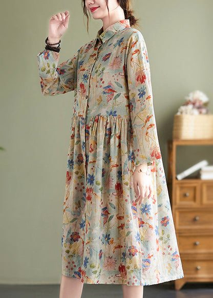 Peter Pan Collar Print Wrinkled Cotton Dress Fall
