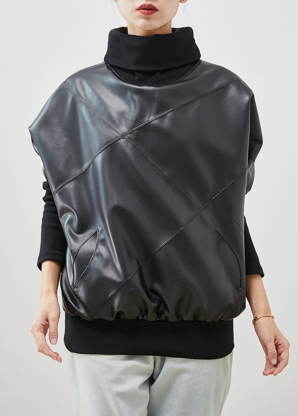 Black Turtle Neck Patchwork Sheepskin Sweatshirt Spring