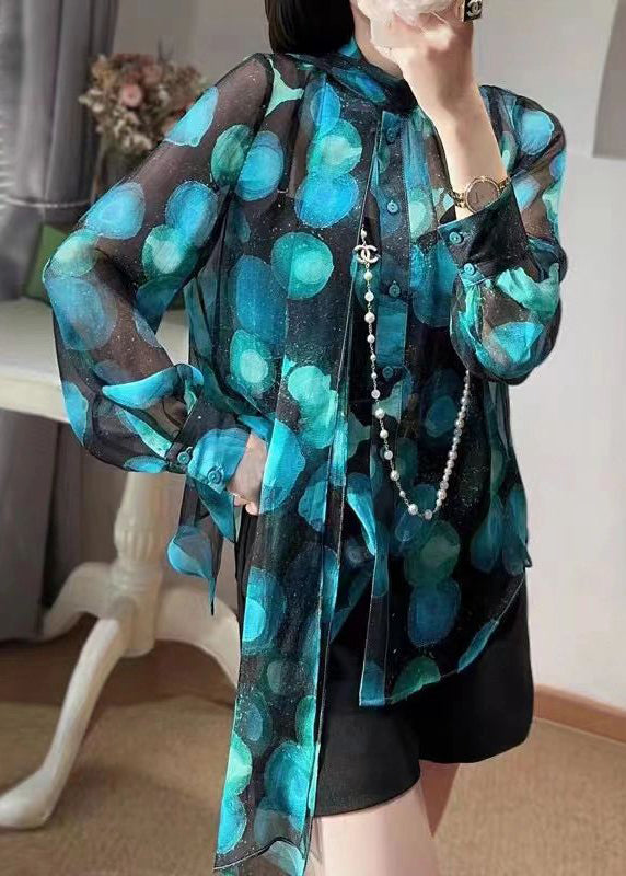 Blue Bow Print Patchwork Chiffon Blouse Tops Fall