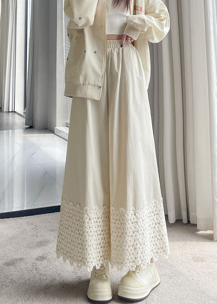 White Embroidered Patchwork Cotton Pants Fall