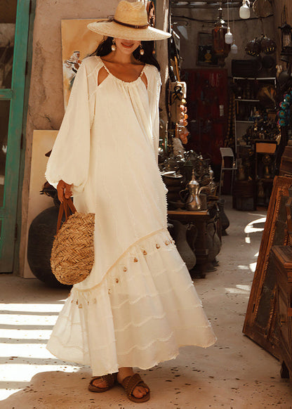 White Tasseled Hollow Out Cotton Holiday Dress Spring