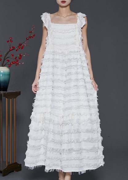 White Tasseled Cotton Summer Dresses Sleeveless