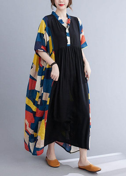 Black Loose Ruffles Pockets Patchwork Summer Dress Half Sleeve