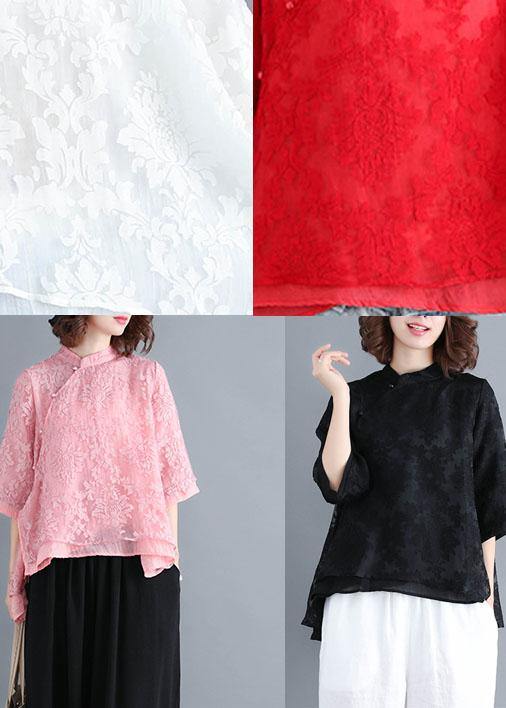 White Stand Collar Asymmetrical Design Summer Tops Three Quarter Sleeve Shirt