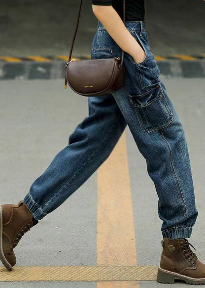 Style Blue Original Design Pockets Patchwork Cotton Denim Beam Pants Spring