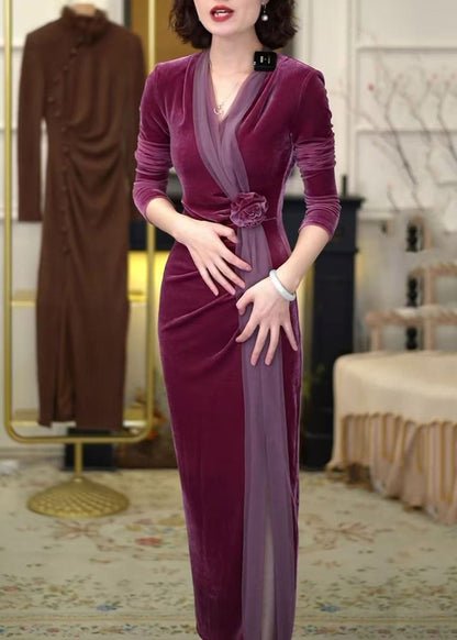 Chinese Style Purple V Neck Wrinkled Rose Silk Velour Long Dress Winter