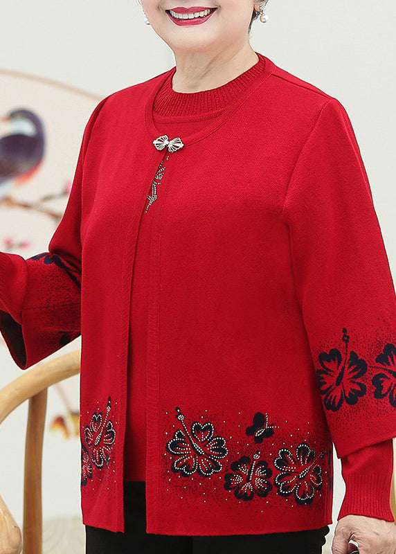Red O-neck Zircon Cotton Knit Coats and Sweaters Two Pieces Set Fall