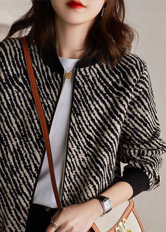 Black O-neck Zippered Striped Knit Coat Long Sleeve