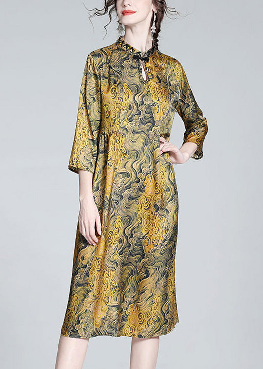 Yellow Stand Collar Print Button Silk Maxi Dress Summer