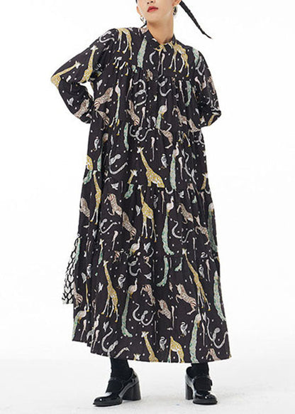 Black Stand Collar Animal Print Patchwork Cotton Shirts Dress Spring