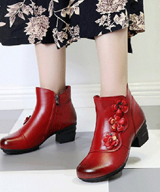 Simple Splicing Cowhide Leather Boots Red Chunky Heel