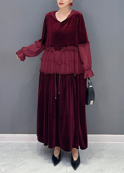 Wine Red Ruffled Lace Up Patchwork Velour Long Dresses Fall