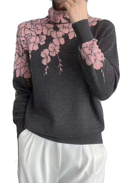 New Grey Turtleneck Patchwork Wool Knit Top Long Sleeve Winter