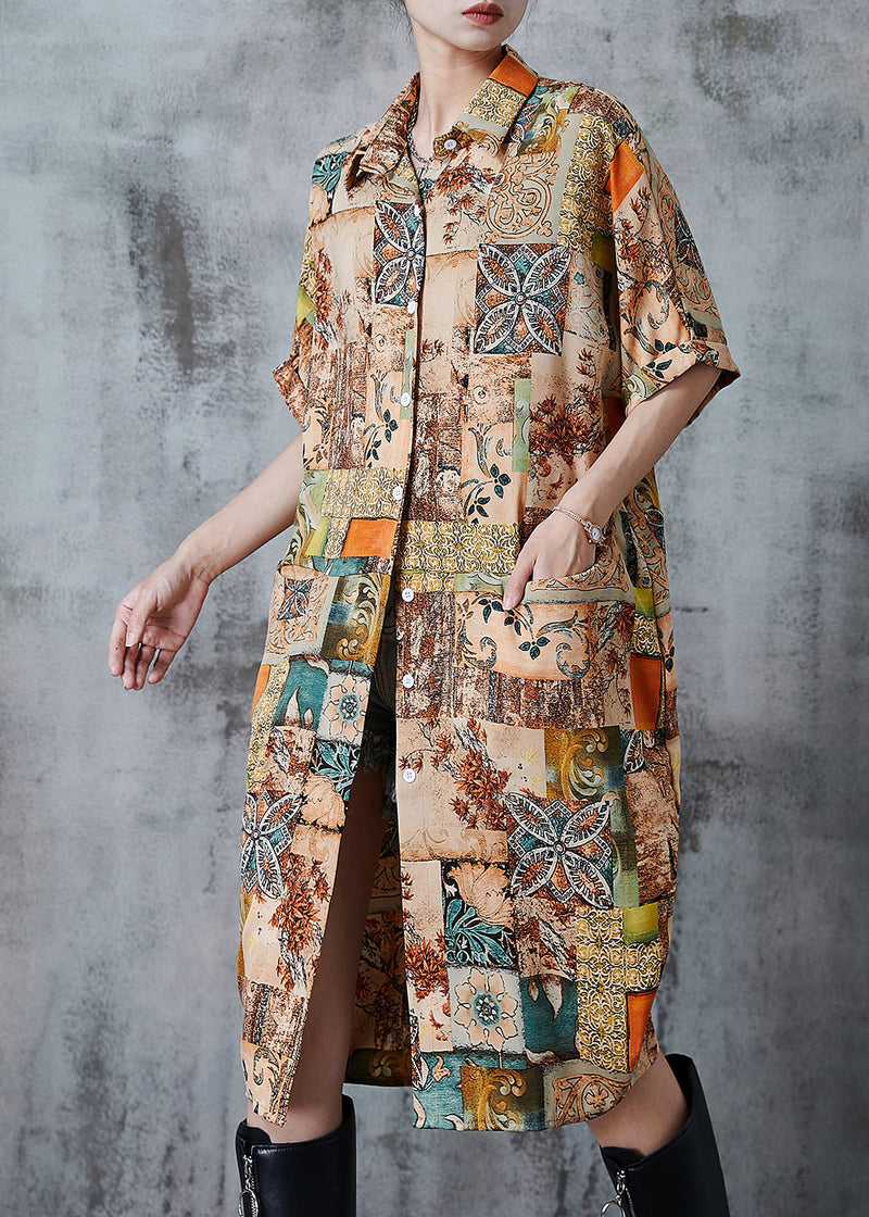 Khaki Oversized Print Chiffon Shirt Dress Summer