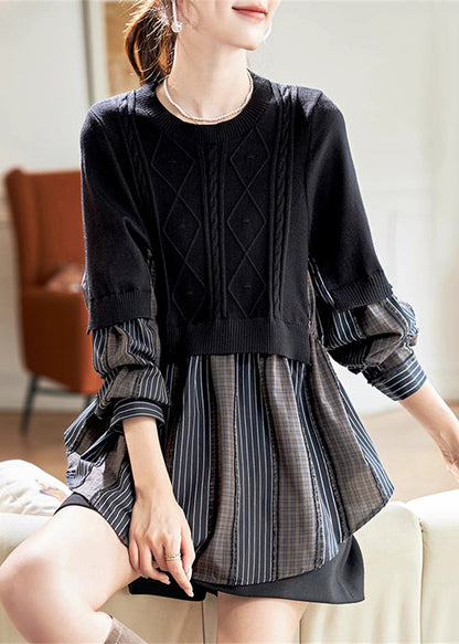 Black O-neck Fake Two Pieces Cotton Knit Patchwork Top Spring