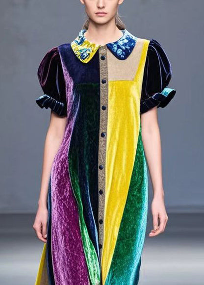 Colorblock Peter Pan Collar Patchwork Silk Velour Robe Dresses Fall