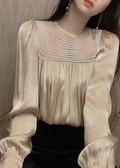 Handmade White O-neck Wrinkled Nail Bead Patchwork Shirt Tops Long Sleeve