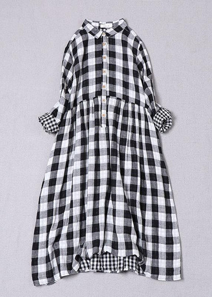 Black White Plaid Peterpan Collar Pockets Button Fall Patchwork Cotton Dresses