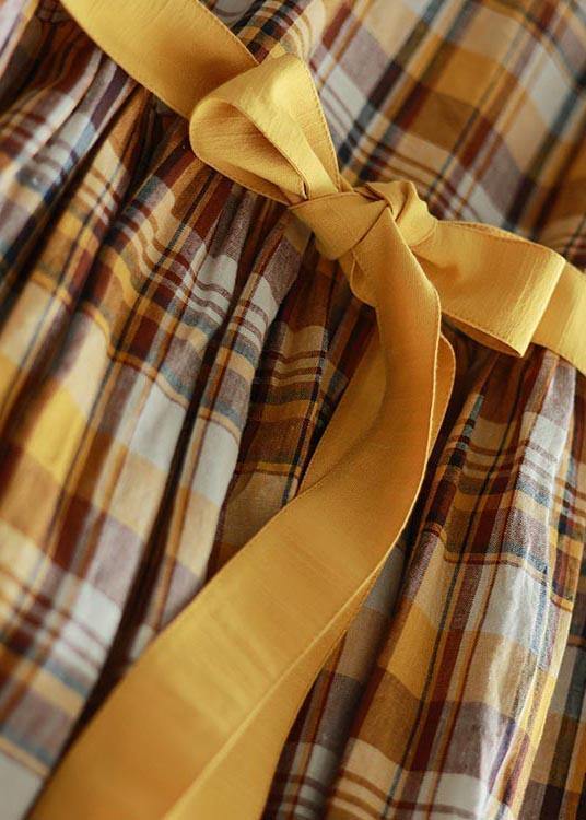 Yellow Plaid Tie Waist Mid Summer Linen Dress