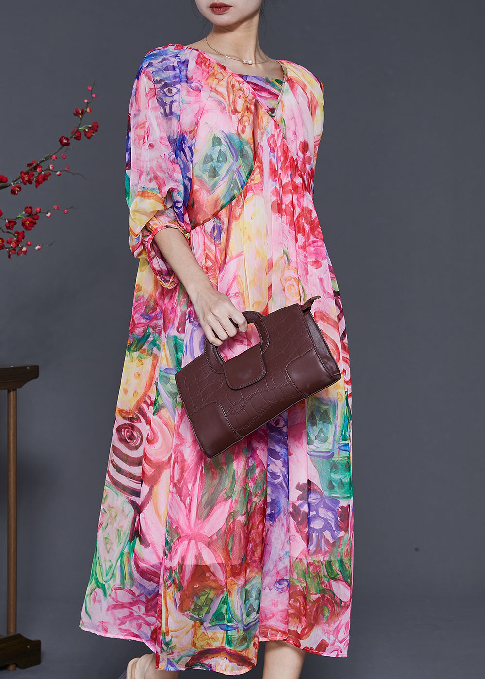Pink Print Exra Large Hem Chiffon Dresses Lantern Sleeve Spring