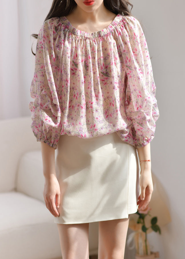 French Purple Ruffled Print Silk Blouses Bracelet Sleeve Summer