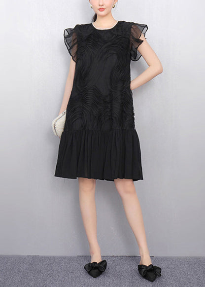 Black O Neck Wrinkled Tulle Patchwork Chiffon Dress Summer