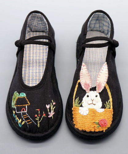 Black Embroidery Buckle Strap Splicing Flat Shoes for
