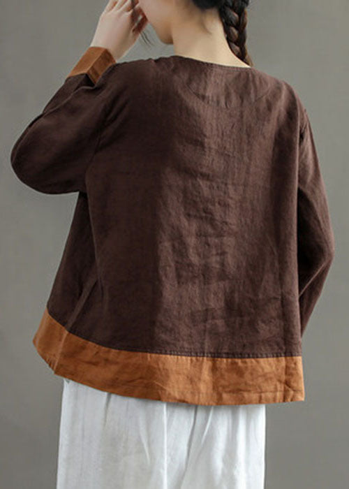 Chocolate O-neck Embroideried Patchwork Linen Shirt Tops Long Sleeve