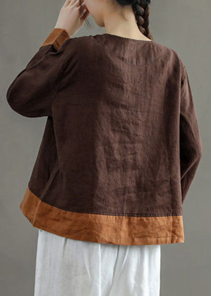 Chocolate O-neck Embroideried Patchwork Linen Shirt Tops Long Sleeve