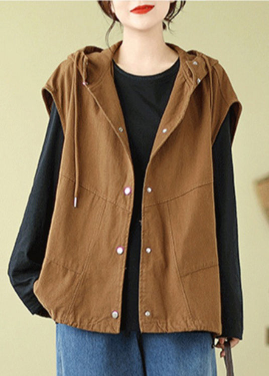 Black Hooded Button Drawstring Cotton Waistcoat Sleeveless