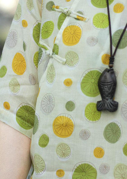 Green Button O-neck Dot Print Tops Half Sleeve