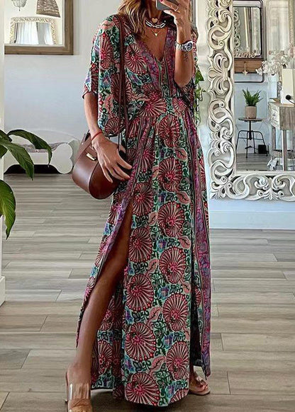 Blue V Neck Print Side Open Cotton Maxi Dresses Summer