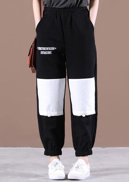Natural Black Elastic Waist Patchwork Pants Summer Cotton