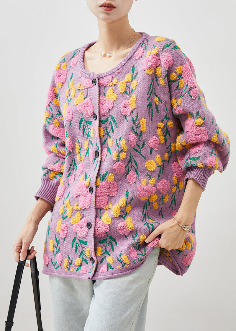 French Pink O-neck Jacquard Knit Cardigans Winter