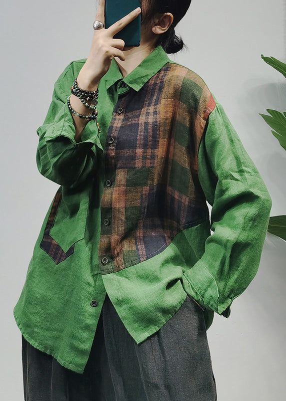 Green Button Peter Pan Collar Plaid Patchwork Linen Blouse Top Long Sleeve