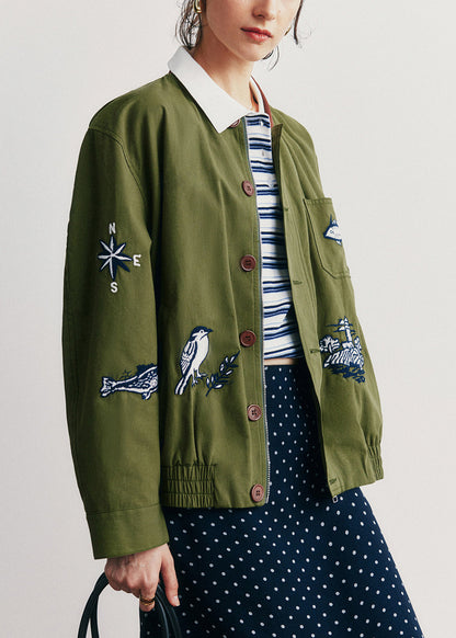Green Embroidered Pockets Button Cotton Jacket Fall