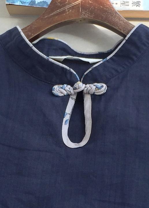 Italian Dark Blue Clothes for Stand Collar Half Sleeve Cotton Top