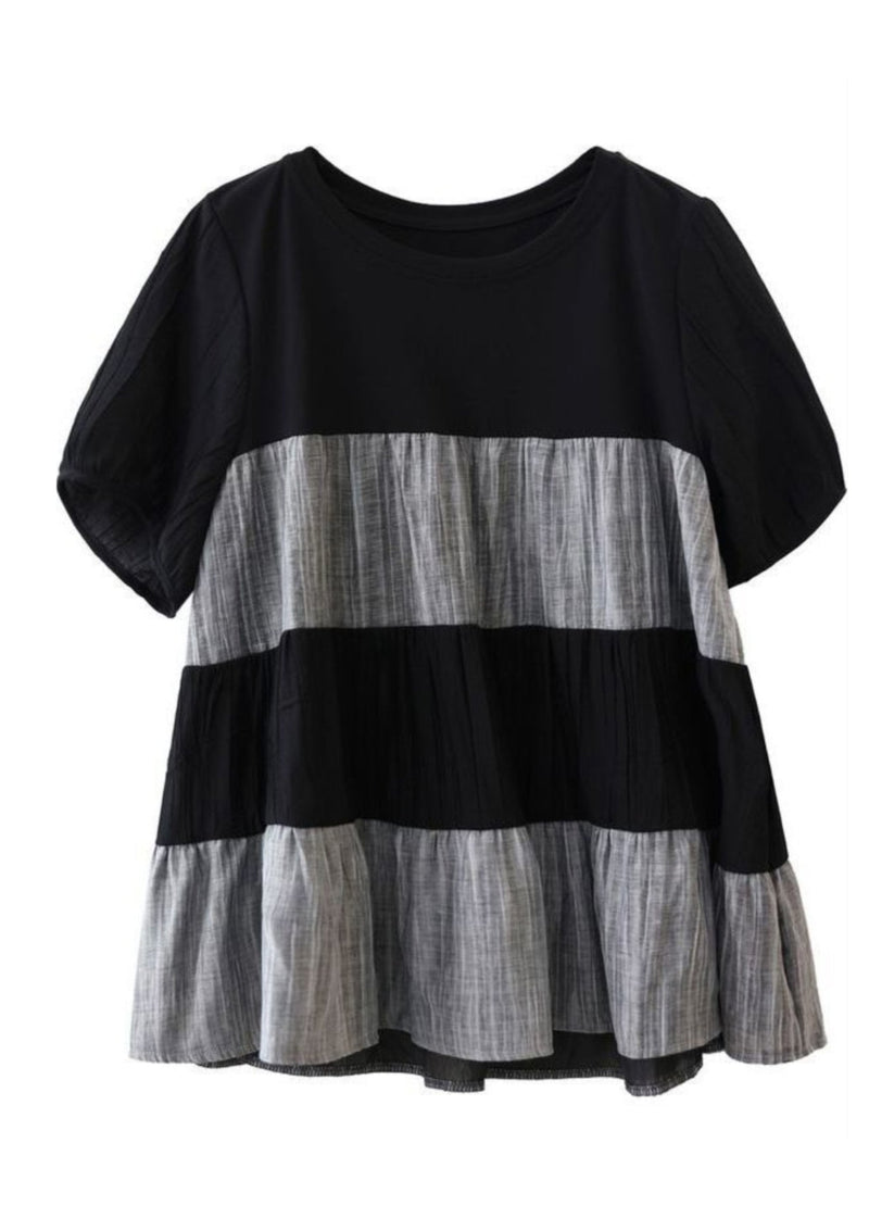 Handmade Black O-neck Wrinkled Patchwork Top Short Sleeve