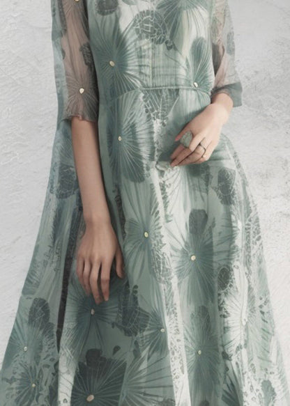 Fine Green U Neck Print Loose Silk Long Dresses Summer