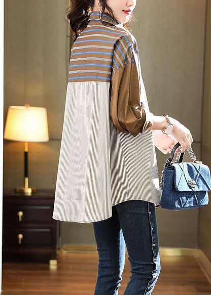 Coffee Peter Pan Collar Patchwork Striped Cotton Shirts Spring