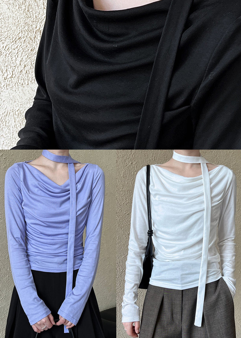 French Purple Wrinkled Slim Fit Cotton Top Long Sleeve