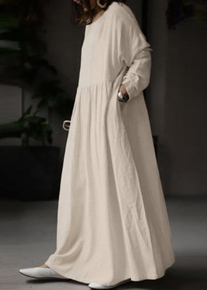 Loose White O Neck Cotton Maxi Dress Long Sleeve Fall