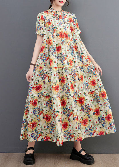Fine Print Stand Collar Exra Large Hem Cotton Shirt Dresses Summer