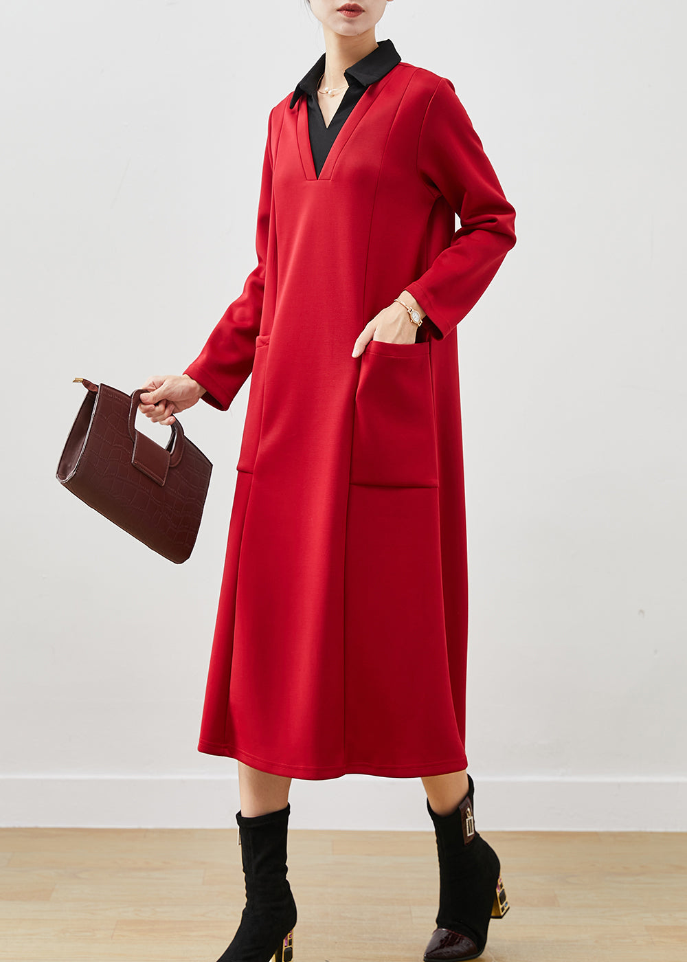 Red V Neck Patchwork Cotton Holiday Dresses Spring